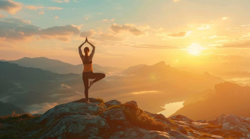 O yoga de manhã cedo posa para uma boa saúde