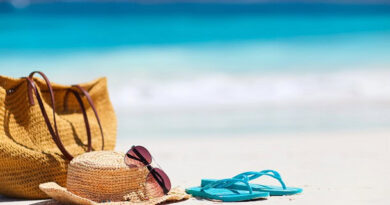 A beach with blue water and a bag, hat, sunglasses and a pair of flip flops.