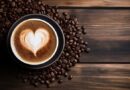 A cup of coffee with a white heart in the foam and coffee beans strewn around the cup.