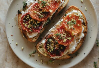 Torrada de Burrata de Laranja Sanguínea com Pistache e Mel